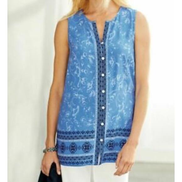 J. Jill Tops - J. Jill Tank Top Women X Small Blue Boho Floral Button Front Tunic Split V